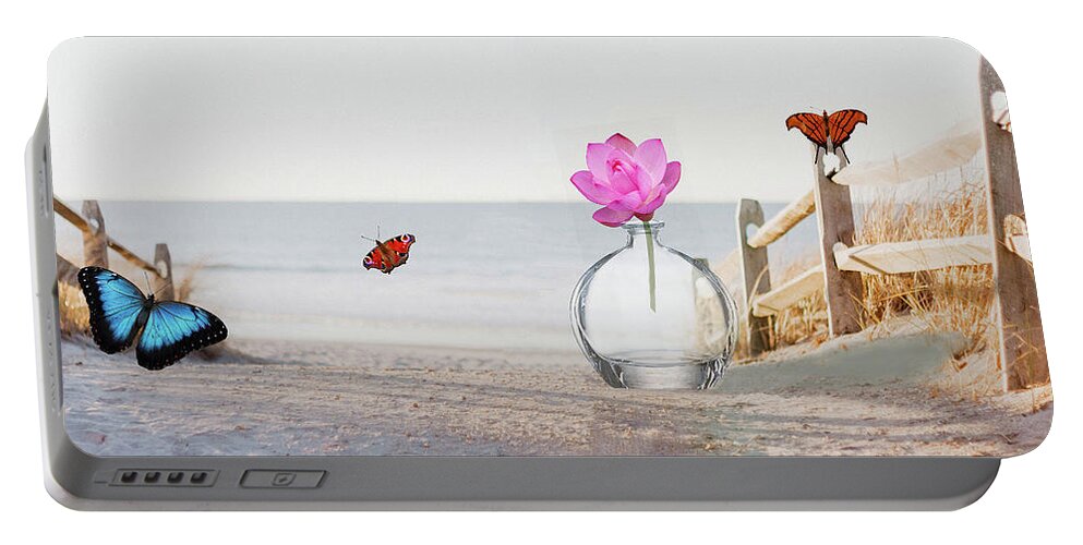 Sand Portable Battery Charger featuring the digital art Beach, bottle and Butterflies by Steven Parker