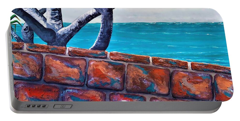 Beach View Portable Battery Charger featuring the painting Beach Fence by Joan Stratton
