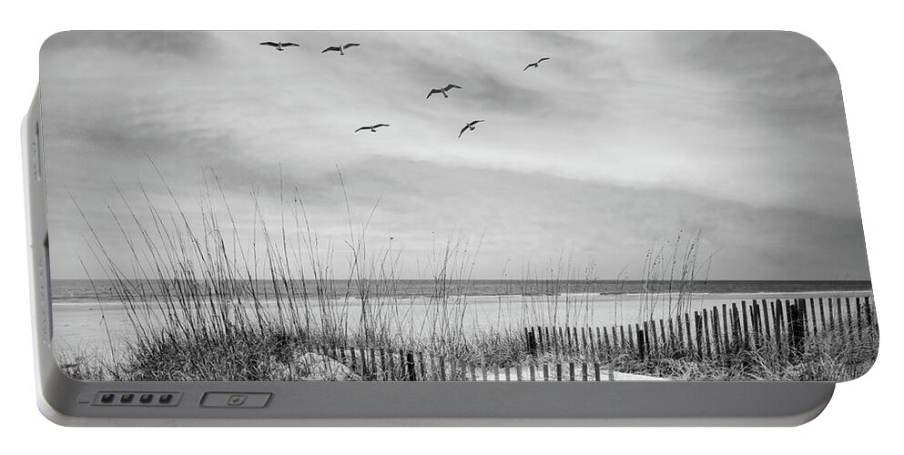 Black Portable Battery Charger featuring the photograph Beach Fences on the Sand Dunes Black and White in Square by Debra and Dave Vanderlaan