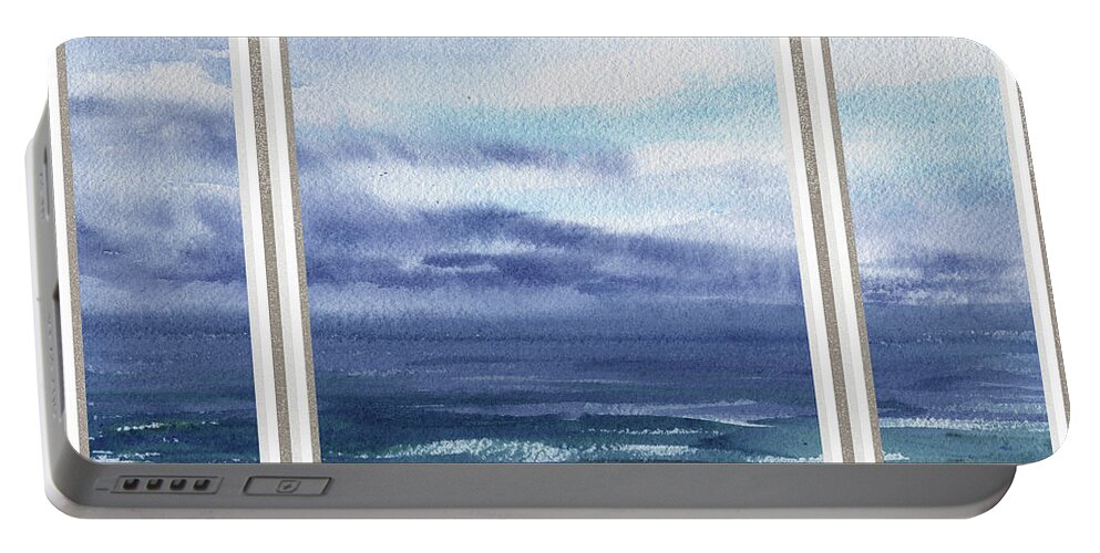 Window View Portable Battery Charger featuring the painting Beach House Window View Stormy Sea Shore Watercolor by Irina Sztukowski