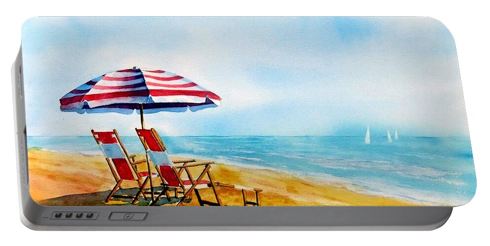 Beach Umbrella Portable Battery Charger featuring the painting Beach Umbrella and Chairs by Debbie Lewis