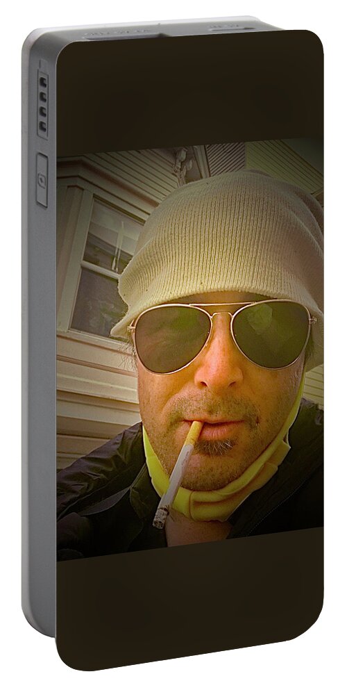 Bencasso Photos Portable Battery Charger featuring the photograph Beanie Glasses Pandemic Smoke by Bencasso Barnesquiat