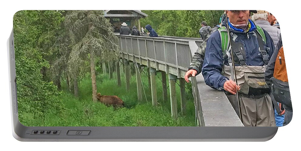 Brown Bears Frequenlty Walk Underneath The Boardwalks At Brooks Falls In Katmai National Park Alaska Grizzly Wooden Walk Way Walkway Fishermen Fish Man People Look On Portable Battery Charger featuring the photograph Bear under the Boardwalk by Ed Stokes