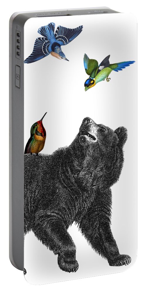 Bear Portable Battery Charger featuring the digital art Bear with birds antique illustration by Madame Memento