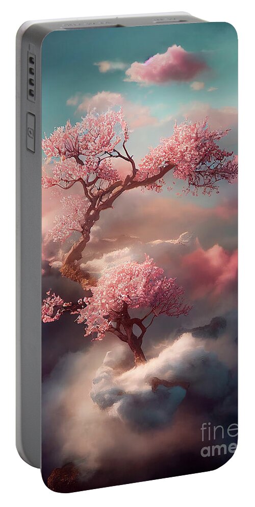 Cherry Portable Battery Charger featuring the digital art Beautiful dreamy cherry blossom tree from heavenly clouds. Abstr by Jelena Jovanovic