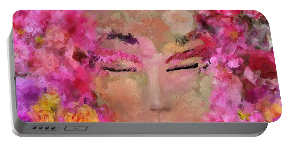Red Portable Battery Charger featuring the digital art Beautiful face on Flowers background  by Doron B