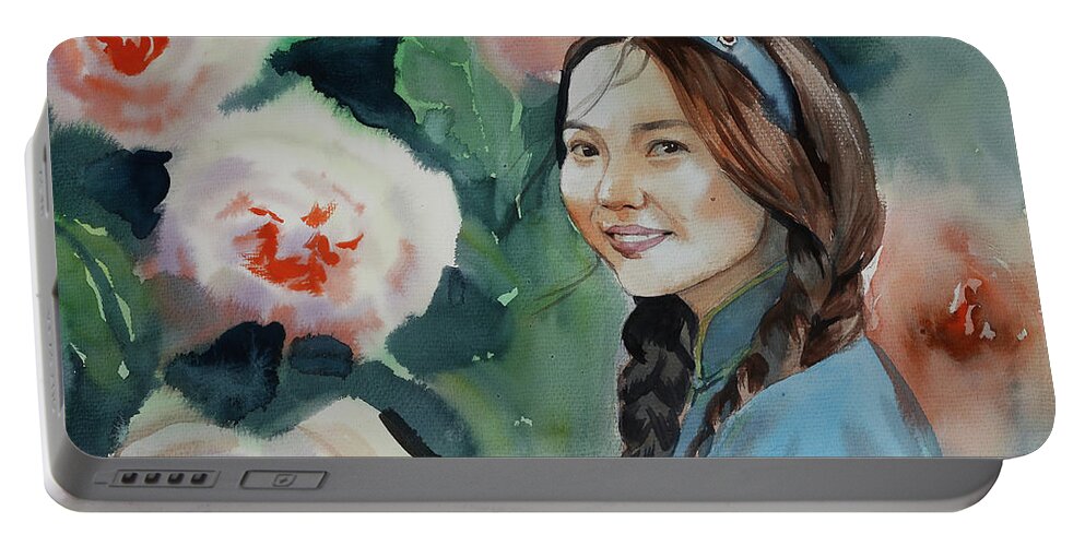 Beautiful Portable Battery Charger featuring the painting Beautiful Mongolian Woman by Munkhzul Bundgaa