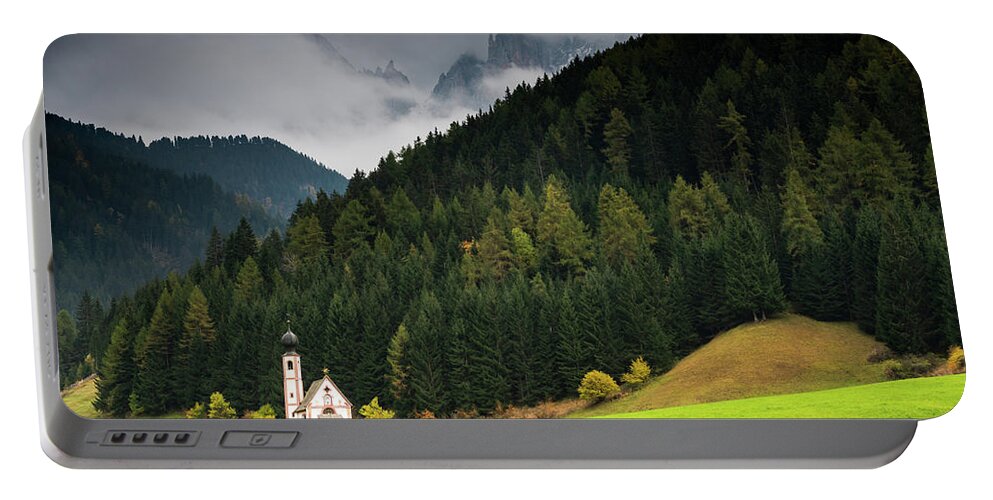 Dolomite Mountains Portable Battery Charger featuring the photograph Beautiful small Alpine church in Italy. by Michalakis Ppalis