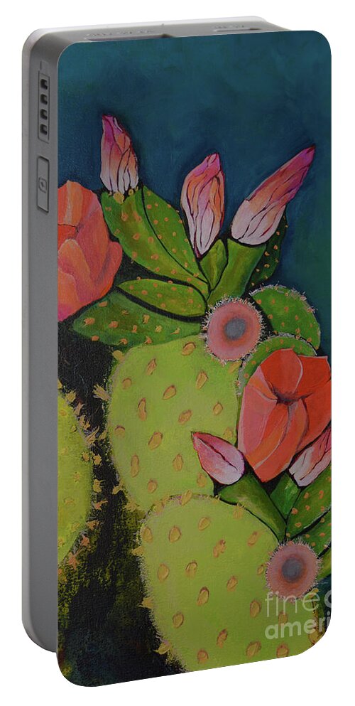 Prickly Pear Portable Battery Charger featuring the painting Beauty and Armor by Robin Valenzuela