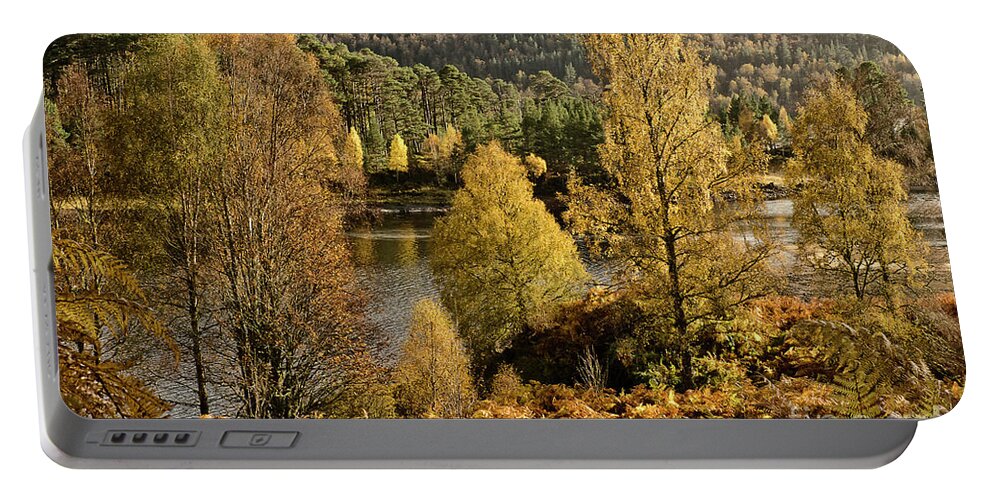 Beauty Golden Autumn Scotland River Landscape Beautiful Trees Leaves Woods Woodland Wonderland Reflections Rich Yellow Pleasant Delightful Magnificent Panorama Mindfulness Artistic Serenity Inspirational Serene Tranquil Tranquillity Stylish Magic Poetic Striking Charming Atmospheric Aesthetic Attractive Picturesque Scenery Glorious Impression Impressionistic Impressive Stunning Fabulous Thrilling Pleasing Stimulating Magical Color Vivid Bright Gold Calm Relaxing Delicate Rusty Fiery Bracken Fall Portable Battery Charger featuring the photograph BEAUTY OF GOLDEN AUTUMN Scotland, river Glen Affric, Highlands by Tatiana Bogracheva