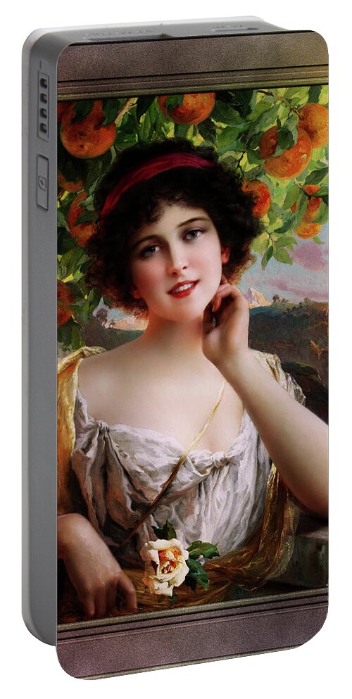 Beauty Under The Orange Tree Portable Battery Charger featuring the painting Beauty Under The Orange Tree by Emile Vernon Vintage Illustration Xzendor7 Art Reproductions by Rolando Burbon
