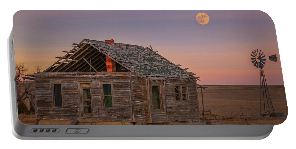 Abandoned Portable Battery Charger featuring the photograph Beaver Moonrise over the Homestead by Darren White