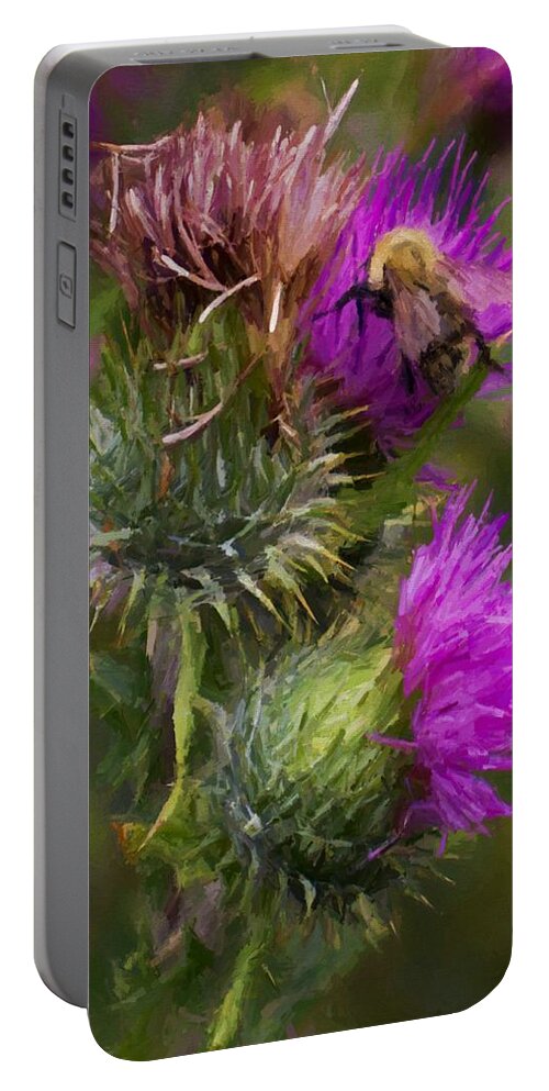 Nature Portable Battery Charger featuring the digital art Bee on a Thistle Flower by Charmaine Zoe