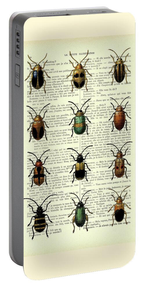 Beetle Portable Battery Charger featuring the digital art Beetle collection on antique French book page by Madame Memento