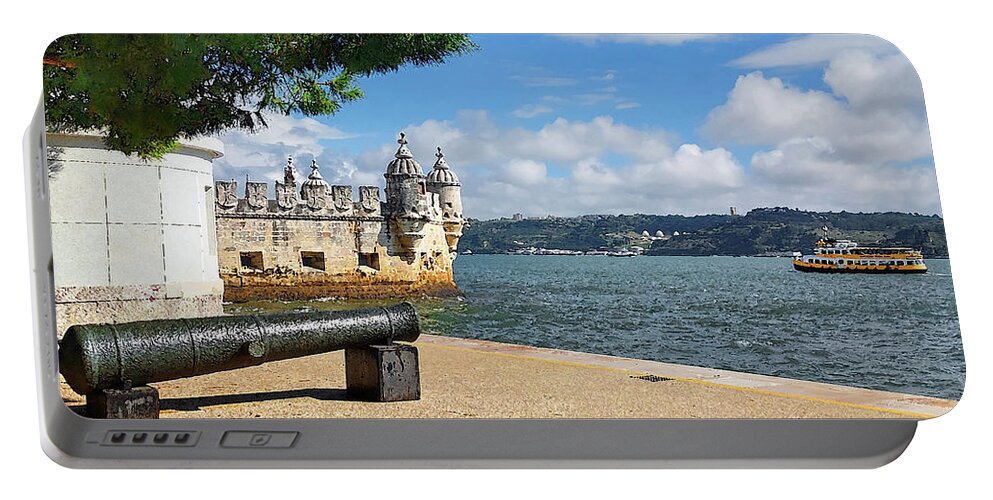 Fort Lisbon Portable Battery Charger featuring the digital art Belem Tower of Saint Vincent Medieval Fort Cannon Boat Lisbon Portugal by Irina Sztukowski