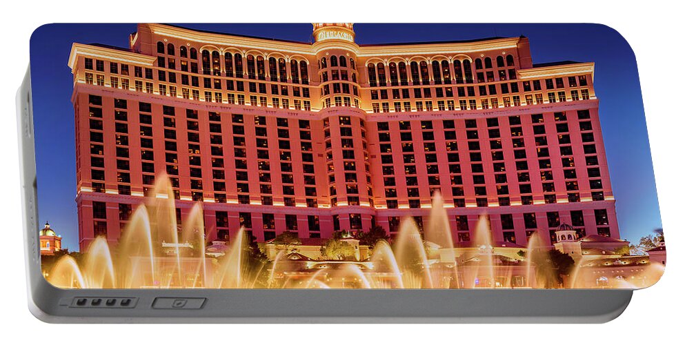 Post Card Portable Battery Charger featuring the photograph Bellagio Fountains Arches at Dusk Post Card by Aloha Art