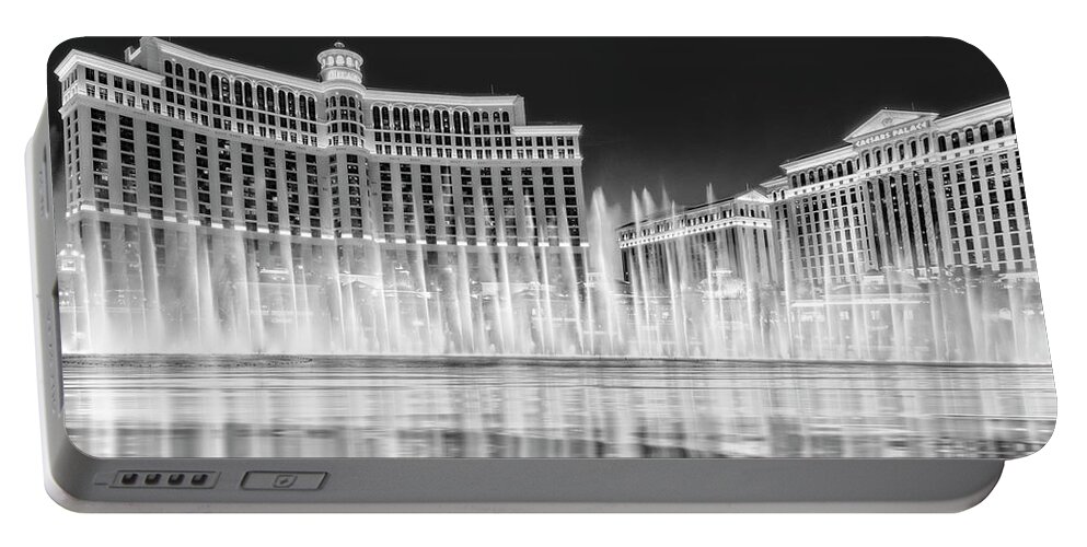 Bellagio Hotel Portable Battery Charger featuring the photograph Bellagio Hotel Fountains BW by Susan Candelario