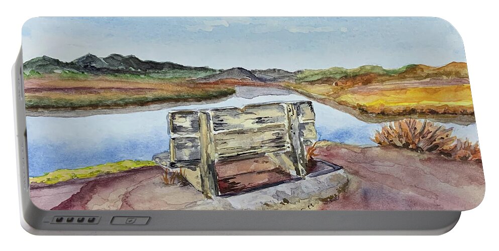 Bench Portable Battery Charger featuring the painting Bench with a view by Tracy Hutchinson