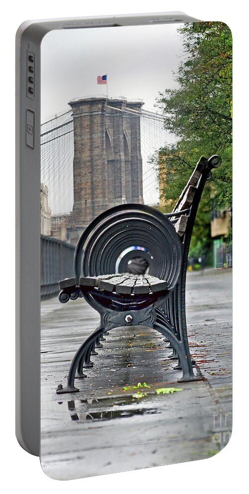 New York Portable Battery Charger featuring the photograph Bench's Circles at New York City's Brooklyn Heights - color version by Carlos Alkmin