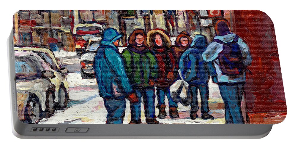 Montreal Portable Battery Charger featuring the painting Best Montreal Winterscene Paintings Crossing St Catherine Street At Metcalfe C Spandau Canadian Art by Carole Spandau
