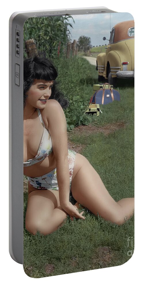 Pinup Portable Battery Charger featuring the digital art Bettie Page in the cornfield by Franchi Torres