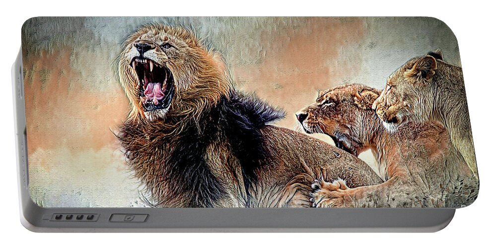 Lions Portable Battery Charger featuring the mixed media Bickering Three by DB Hayes