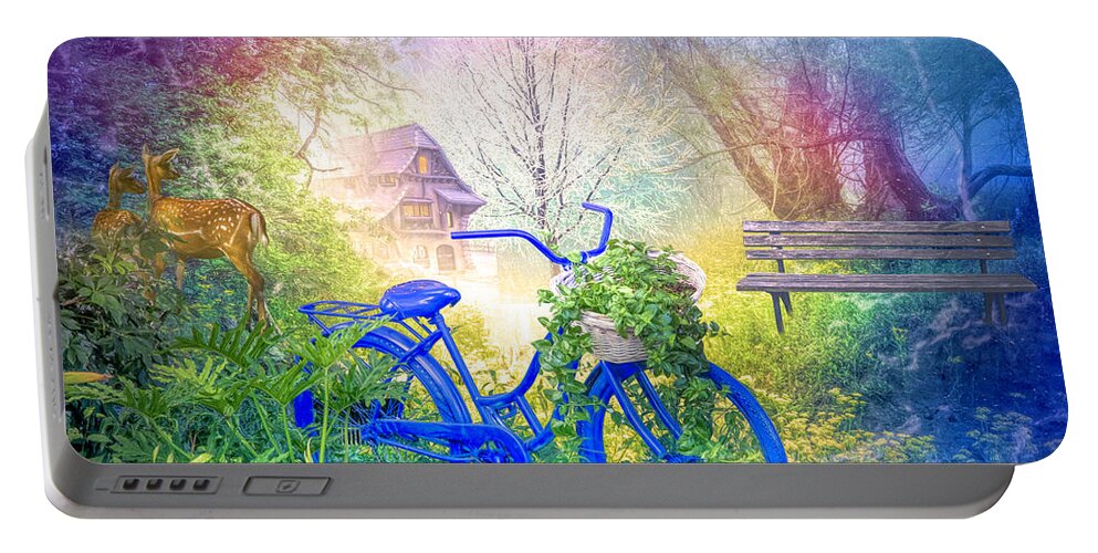 Barn Portable Battery Charger featuring the photograph Bicycle in the Mist by Debra and Dave Vanderlaan