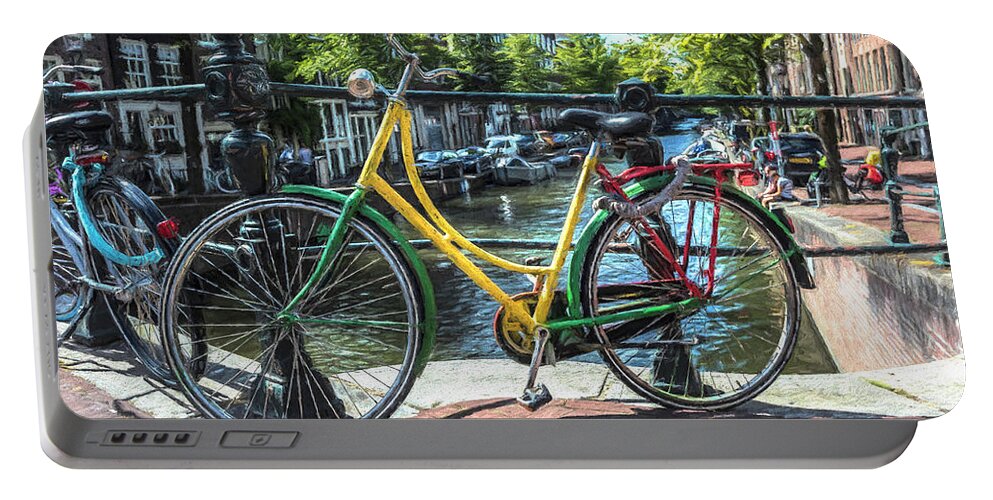 Boats Portable Battery Charger featuring the photograph Bicycles on the Canals Oil Painting by Debra and Dave Vanderlaan