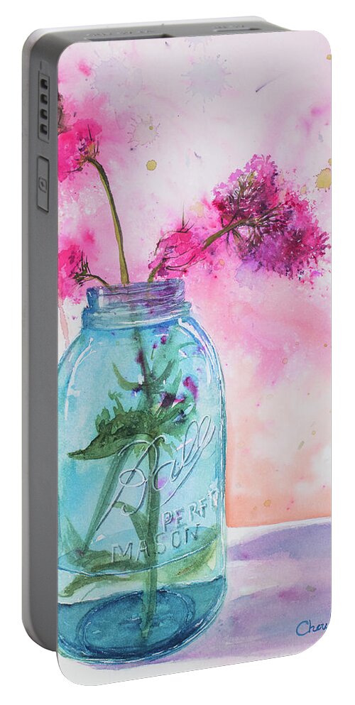 Mason Jar Portable Battery Charger featuring the painting Big Blue Jar by Cheryl Prather