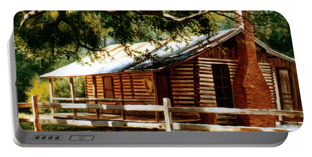 Big Thicket Portable Battery Charger featuring the painting Big Thicket Information Center_The Staley Cabin by Randy Welborn