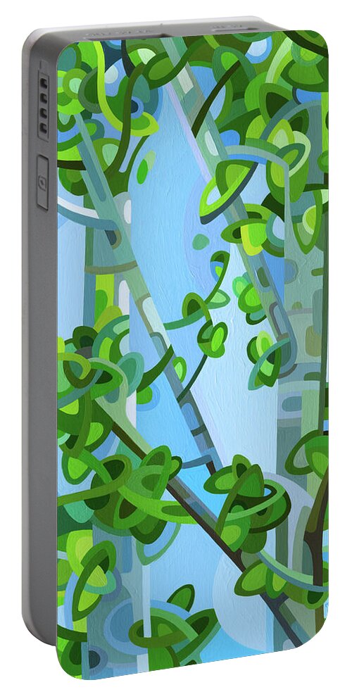 Summer Birch Forest Green Grey Blue Dappled Light Portable Battery Charger featuring the painting Birch Light by Mandy Budan