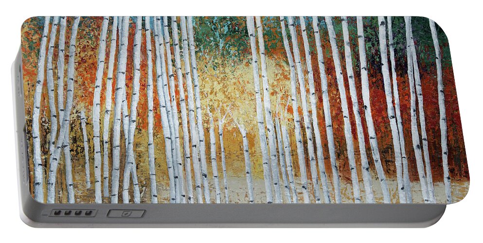 Birch Portable Battery Charger featuring the painting Birch Trees and Fall Color by Linda Bailey