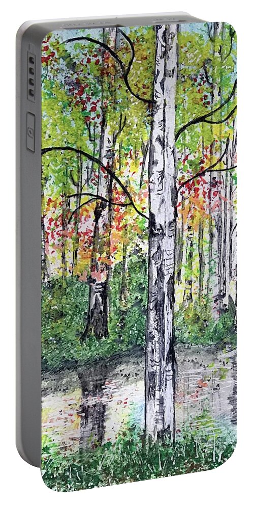 Birch Trees Portable Battery Charger featuring the painting Birch Trees in The Fall by Kathy Marrs Chandler