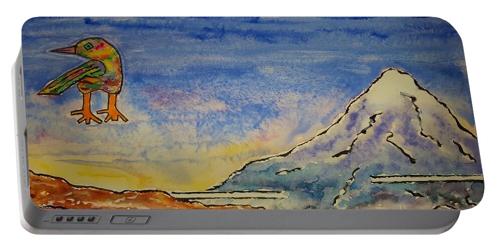 Watercolor Portable Battery Charger featuring the painting Bird and Mountain by John Klobucher