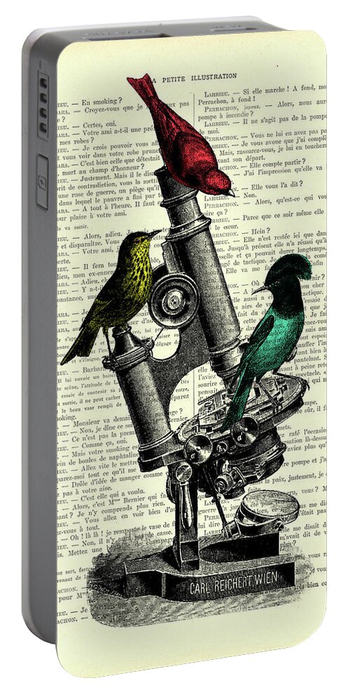 Bird Portable Battery Charger featuring the mixed media Bird Microscope by Madame Memento