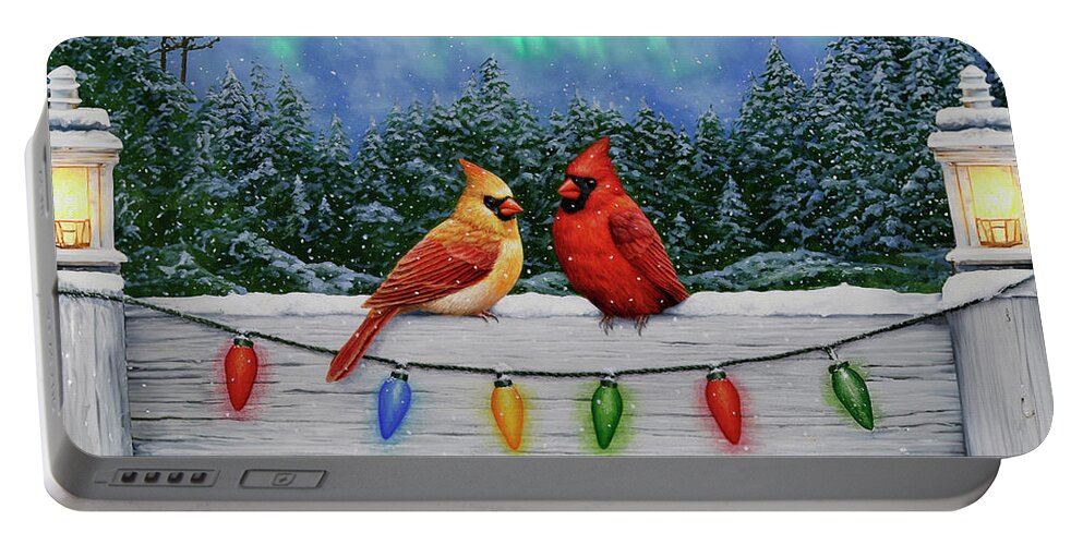 Bird Portable Battery Charger featuring the painting Bird Painting - Christmas Cardinals by Crista Forest