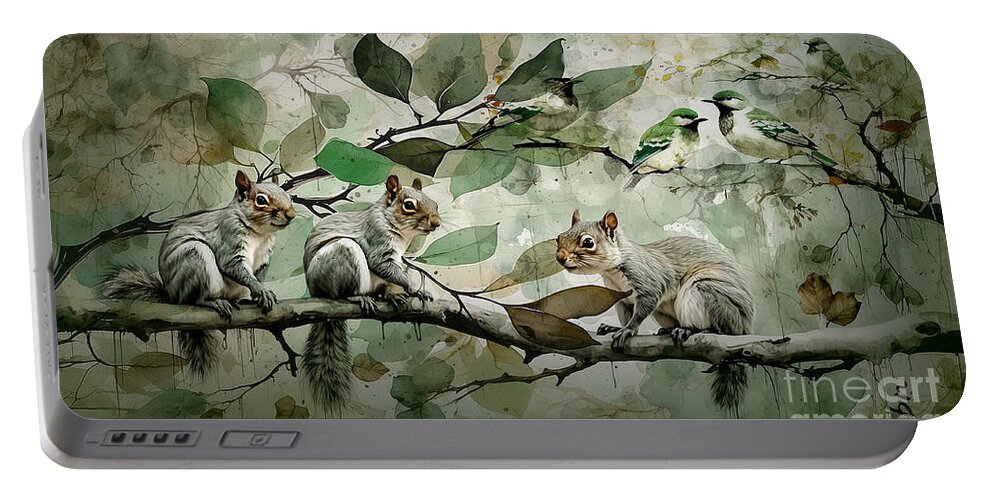 Squirells Portable Battery Charger featuring the digital art Birds and Squirrels by Deb Nakano