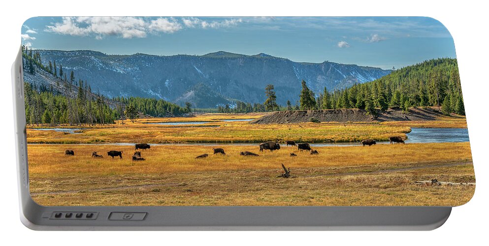Yellowstone Portable Battery Charger featuring the photograph Bison Roaming Madison River in Yellowstone by Kenneth Everett