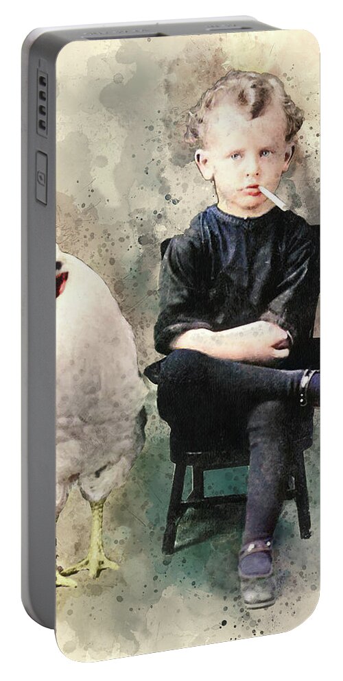 Boy Smoking Cigarette Portable Battery Charger featuring the mixed media Bizarre Strange Weird Boy Smoking Cigarette with Giant Chicken by Pheasant Run Gallery