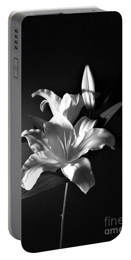 Black And White Portable Battery Charger featuring the photograph Black and White Lily Flower for Home Decor Wall Prints by Delynn Addams