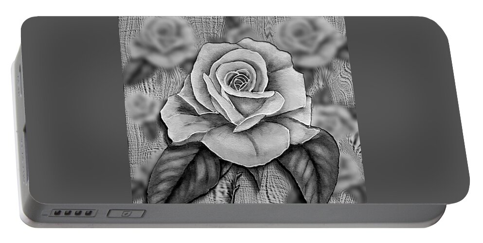 White Rose Portable Battery Charger featuring the mixed media Black and White Rose - B/W by Kelly Mills