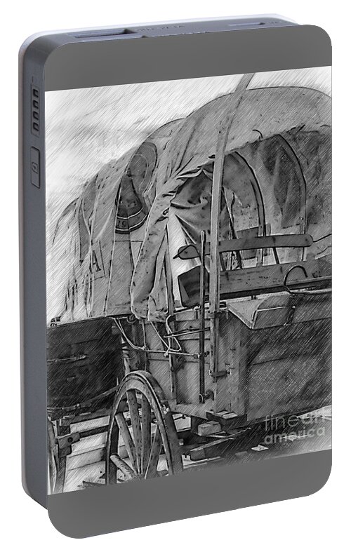 Covered-wagon Portable Battery Charger featuring the digital art Black And White Sketched Covered Wagon by Kirt Tisdale