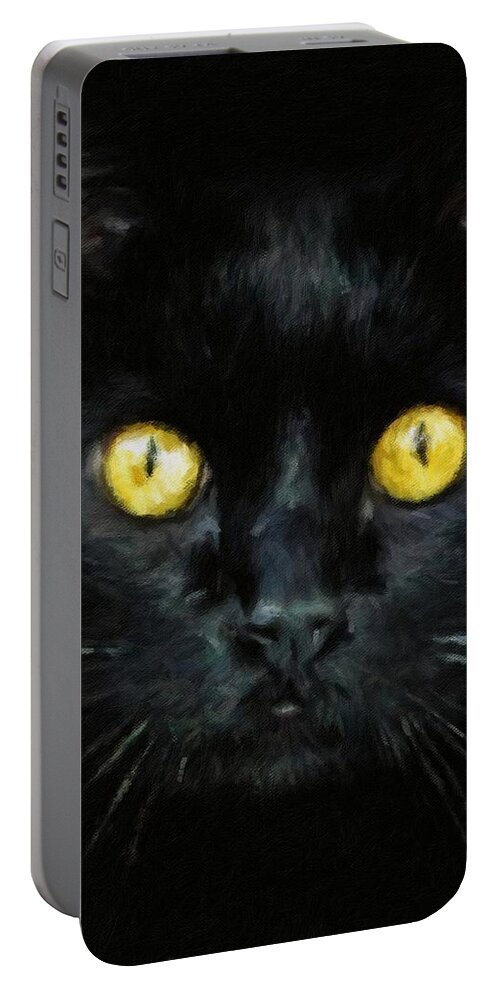 Black Cat Portable Battery Charger featuring the painting Black Cat With Golden Eyes by Modern Art