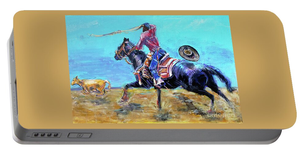 Horse Portable Battery Charger featuring the painting Black Cowboy Roping by Charles M Williams