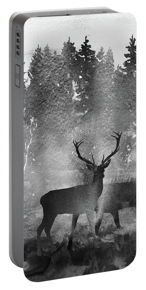 Deer Portable Battery Charger featuring the painting Black White Grey Morning Deer Bucks Watercolor Silhouette Forest by Irina Sztukowski