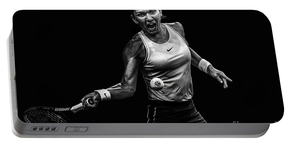 Simona Halep Portable Battery Charger featuring the photograph Black White Simona Halep by Ed Taylor