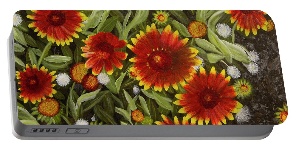 Red Portable Battery Charger featuring the painting Blanket Flowers by Donna Manaraze