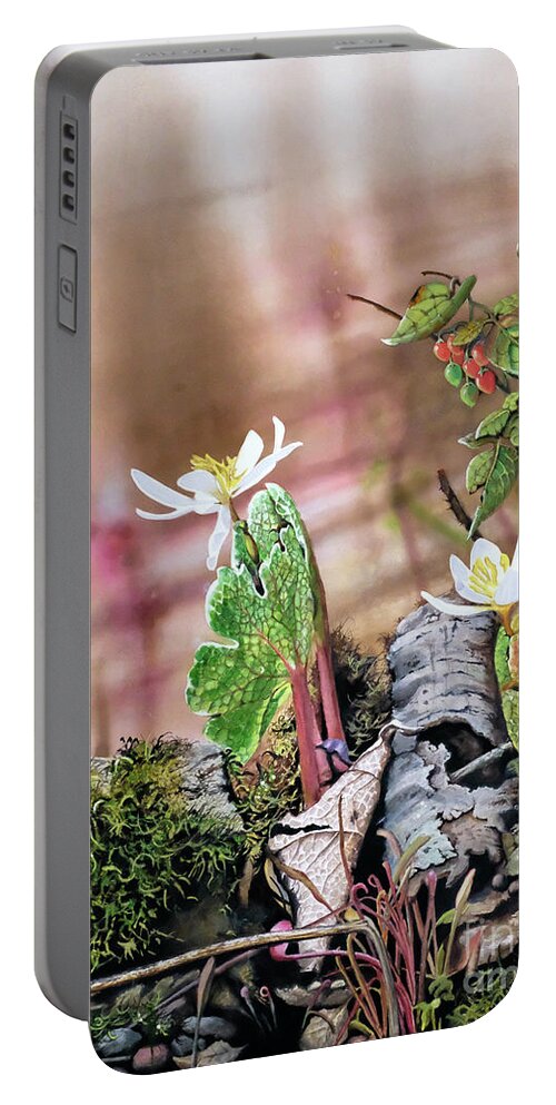 Watercolor Portable Battery Charger featuring the painting Bloodroot by Jeanette Ferguson