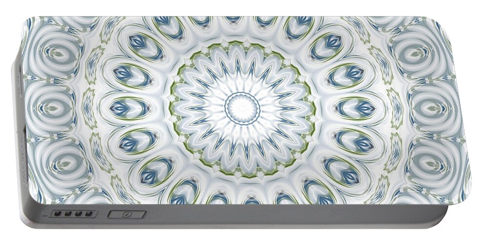 Blue Portable Battery Charger featuring the digital art Blue and Green Mandala Kaleidoscope Medallion Flower by Mercury McCutcheon