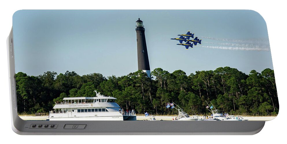 Blue Angels Portable Battery Charger featuring the photograph Blue Angels over Pensacola Lighthouse and Ferry by Beachtown Views